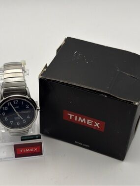Timex Silver Watch with Black Dial and Stainless Bracelet